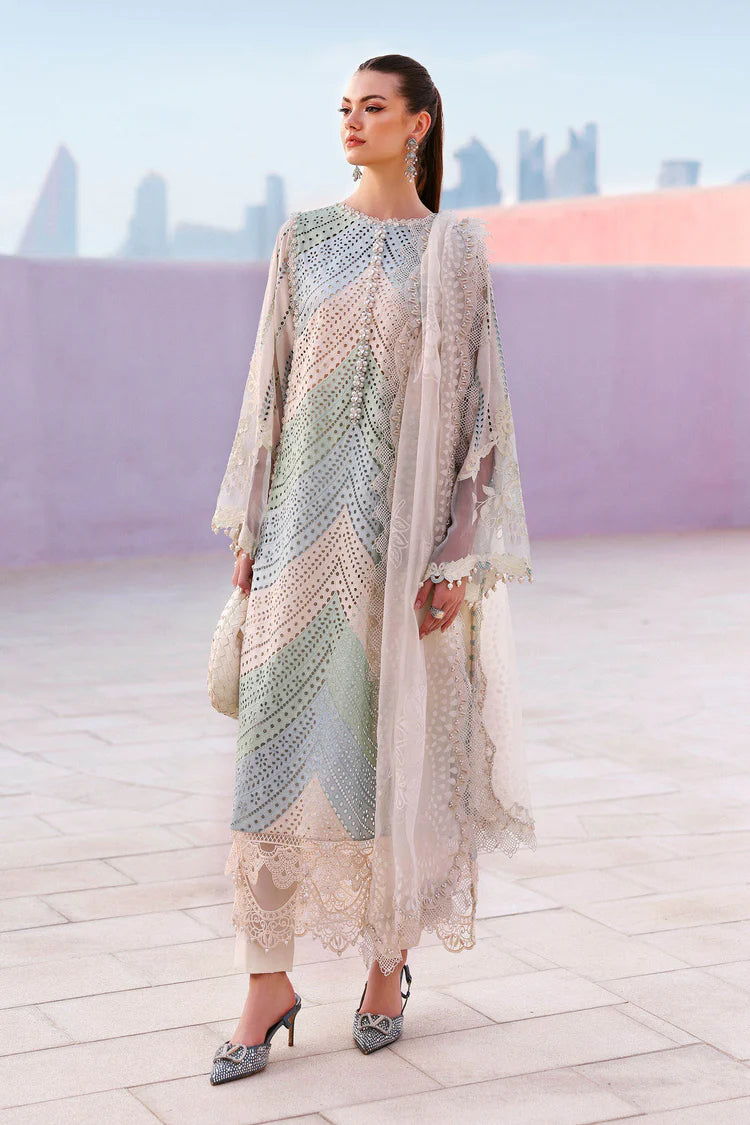 MARIA B-3PC LAWN MULTIPLE SHADES CHIKAN EMBROIDERED SHIRT WITH SELF JACQUARD EMBROIDERED DUPATTA AND EMB TROUSER
