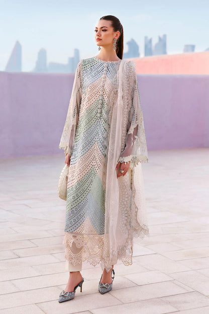 MARIA B-3PC LAWN MULTIPLE SHADES CHIKAN EMBROIDERED SHIRT WITH SELF JACQUARD EMBROIDERED DUPATTA AND EMB TROUSER