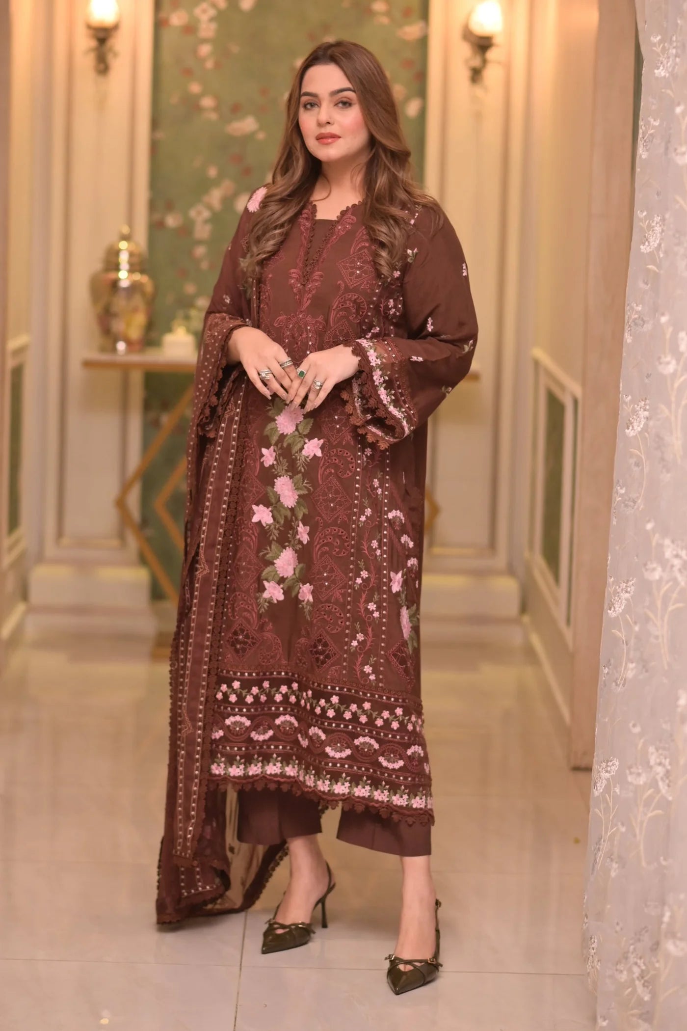 ANEELAS-3PC LAWN CHIKAN EMBROIDERED SHIRT WITH LAWN EMB DUPATTA AND TROUSER