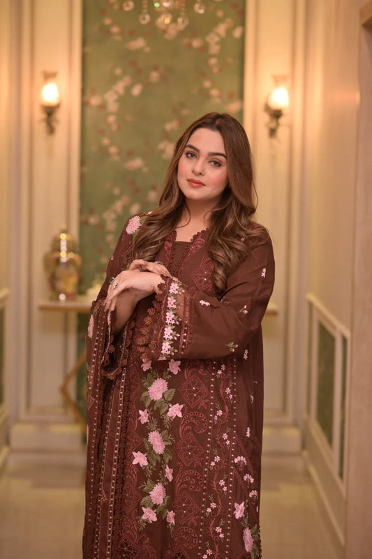 ANEELAS-3PC LAWN CHIKAN EMBROIDERED SHIRT WITH LAWN EMB DUPATTA AND TROUSER