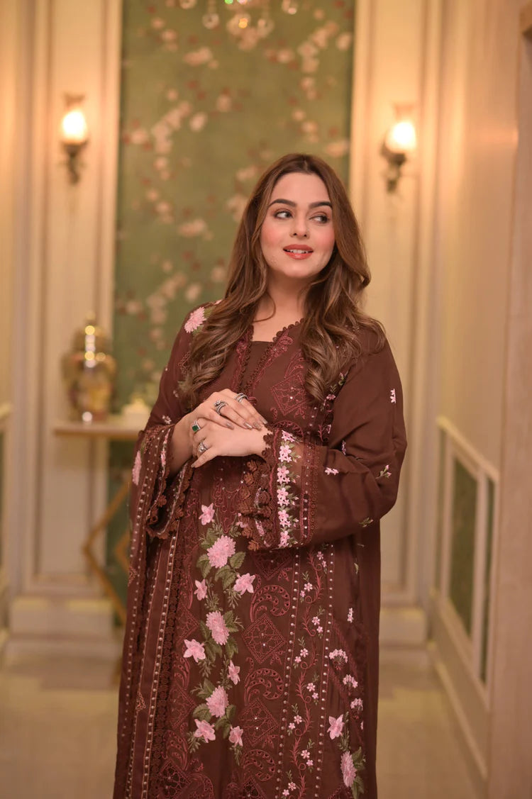 ANEELAS-3PC LAWN CHIKAN EMBROIDERED SHIRT WITH LAWN EMB DUPATTA AND TROUSER