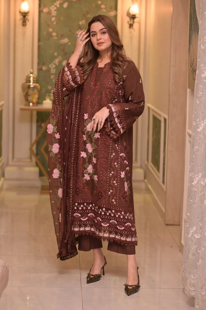 ANEELAS-3PC LAWN CHIKAN EMBROIDERED SHIRT WITH LAWN EMB DUPATTA AND TROUSER