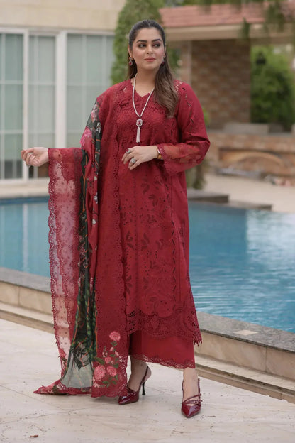 ANEELAS-3PC LAWN CHIKAN EMBROIDERED SHIRT WITH CHIFFON PRINTED EMB DUPATTA AND TROUSER