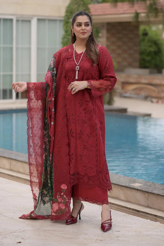 ANEELAS-3PC LAWN CHIKAN EMBROIDERED SHIRT WITH CHIFFON PRINTED EMB DUPATTA AND TROUSER