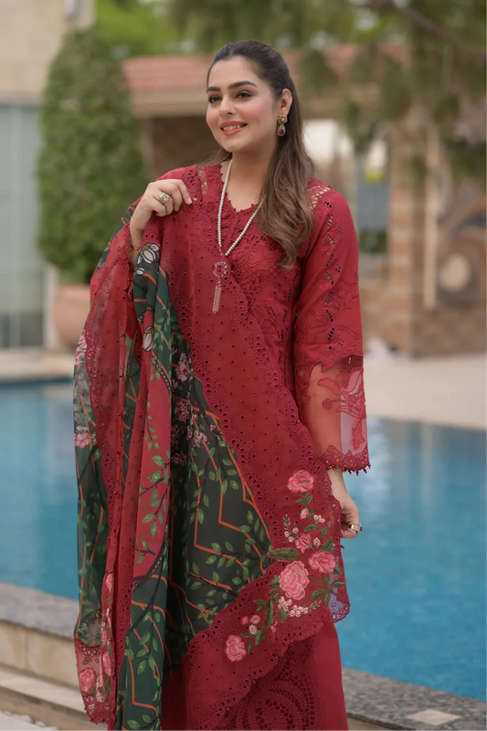 ANEELAS-3PC LAWN CHIKAN EMBROIDERED SHIRT WITH CHIFFON PRINTED EMB DUPATTA AND TROUSER