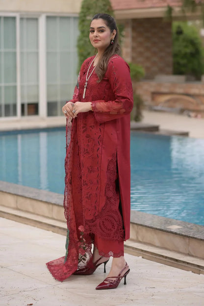ANEELAS-3PC LAWN CHIKAN EMBROIDERED SHIRT WITH CHIFFON PRINTED EMB DUPATTA AND TROUSER