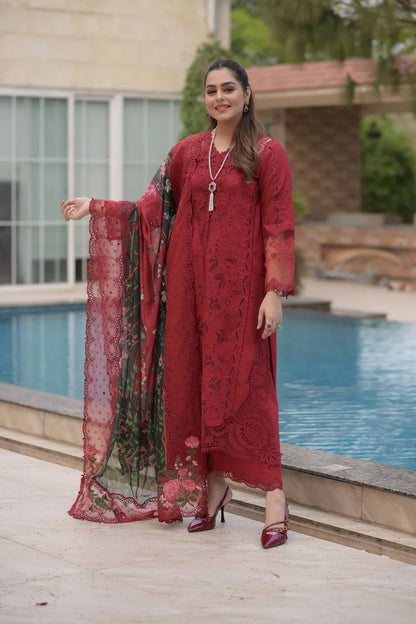 ANEELAS-3PC LAWN CHIKAN EMBROIDERED SHIRT WITH CHIFFON PRINTED EMB DUPATTA AND TROUSER