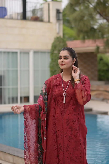 ANEELAS-3PC LAWN CHIKAN EMBROIDERED SHIRT WITH CHIFFON PRINTED EMB DUPATTA AND TROUSER