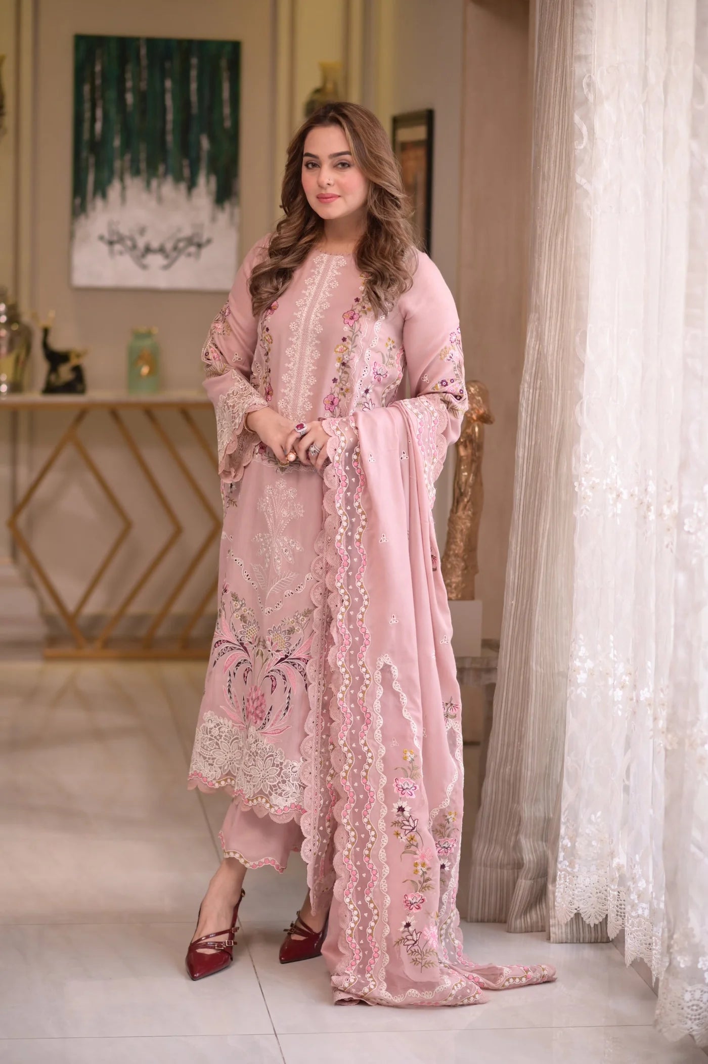 ANEELAS-3PC LAWN CHIKAN EMBROIDERED SHIRT WITH LAWN EMB DUPATTA AND TROUSER