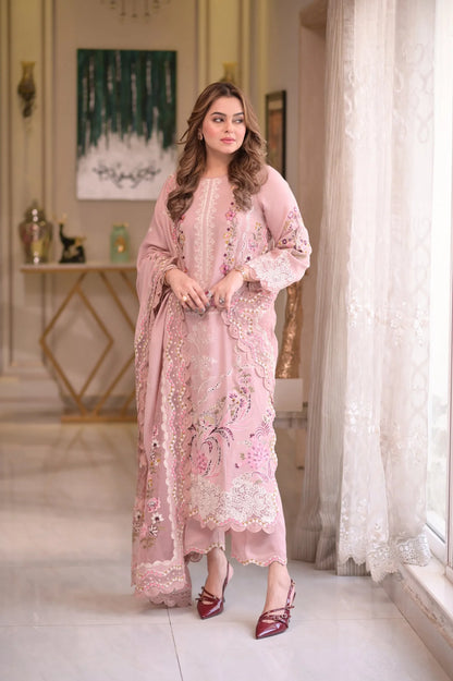 ANEELAS-3PC LAWN CHIKAN EMBROIDERED SHIRT WITH LAWN EMB DUPATTA AND TROUSER