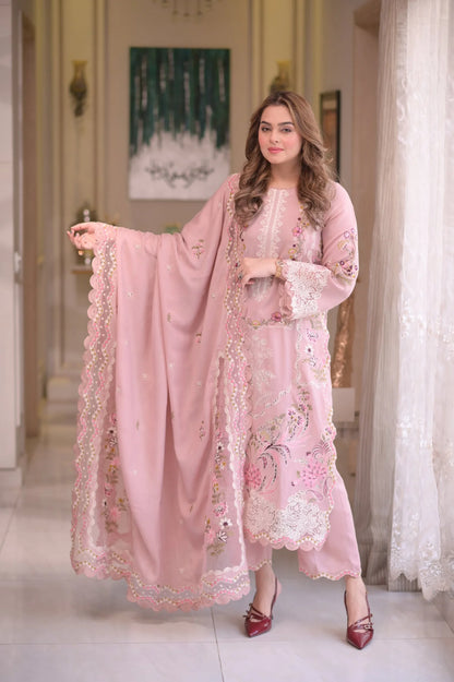 ANEELAS-3PC LAWN CHIKAN EMBROIDERED SHIRT WITH LAWN EMB DUPATTA AND TROUSER
