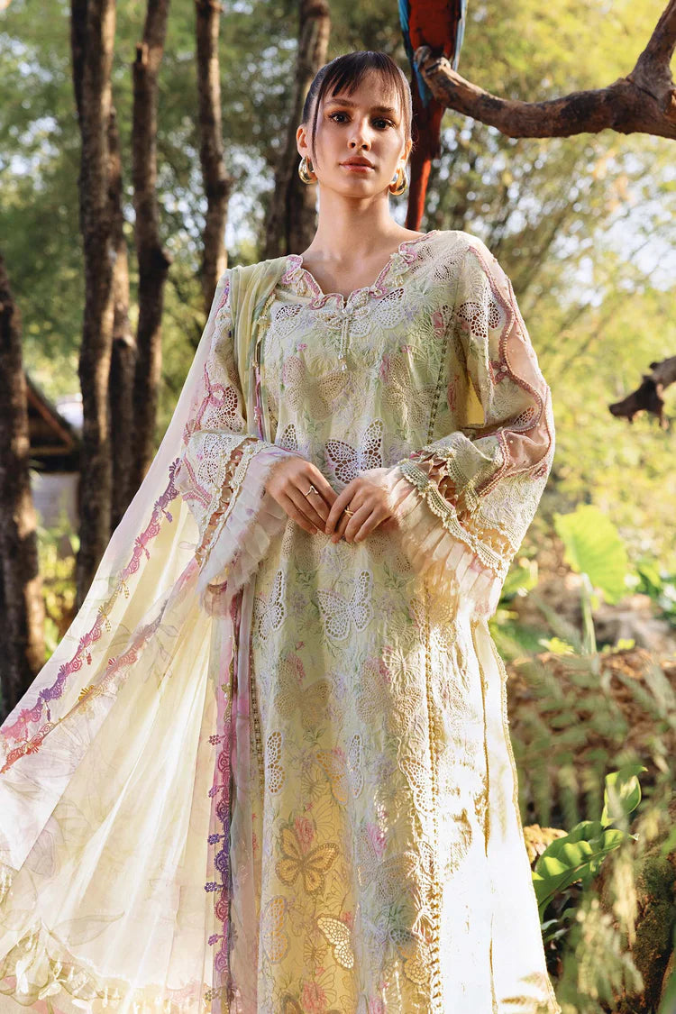 MARIA.B-3PC LAWN PRINTED CHIKAN EMB SHIRT WITH SILK PRINTED DUPATTA AND TROUSER