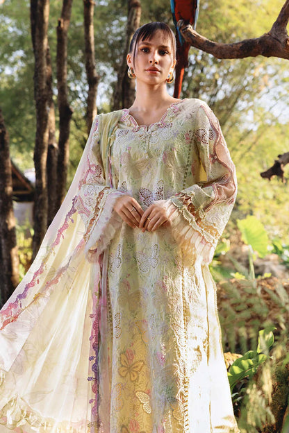 MARIA.B-3PC LAWN PRINTED CHIKAN EMB SHIRT WITH SILK PRINTED DUPATTA AND TROUSER