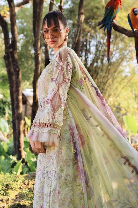 MARIA.B-3PC LAWN PRINTED CHIKAN EMB SHIRT WITH SILK PRINTED DUPATTA AND TROUSER