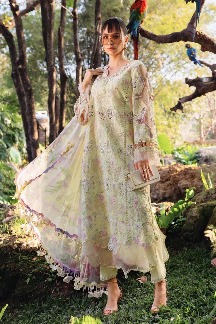 MARIA.B-3PC LAWN PRINTED CHIKAN EMB SHIRT WITH SILK PRINTED DUPATTA AND TROUSER