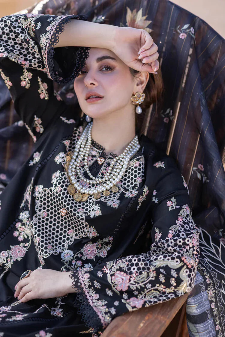 QALAMQAR-3PC LAWN EMBROIDERED SHIRT WITH CHIFFOON EMBROIDERED PRINT DUPATTA AND EMB TROUSER