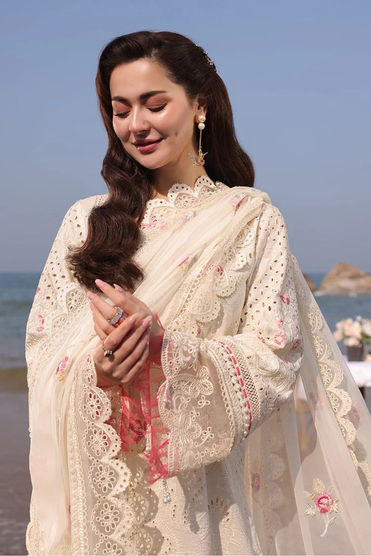 QALAMQAR-3PC LAWN CHIKANKARI EMBROIDERED SHIRT WITH KHADDI NET EMB DUPATTA AND TROUSER