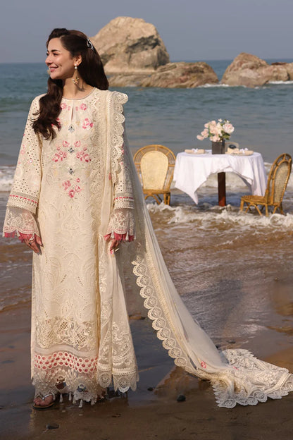 QALAMQAR-3PC LAWN CHIKANKARI EMBROIDERED SHIRT WITH KHADDI NET EMB DUPATTA AND TROUSER
