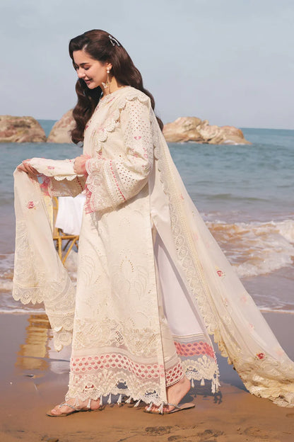 QALAMQAR-3PC LAWN CHIKANKARI EMBROIDERED SHIRT WITH KHADDI NET EMB DUPATTA AND TROUSER