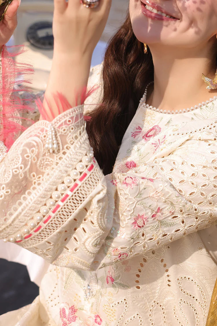 QALAMQAR-3PC LAWN CHIKANKARI EMBROIDERED SHIRT WITH KHADDI NET EMB DUPATTA AND TROUSER
