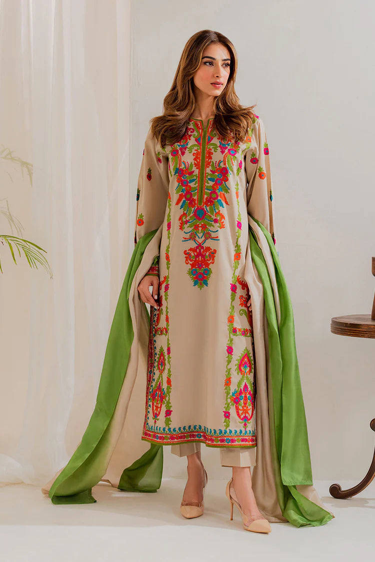VINTAGE-3PC LAWN EMBROIDERED SHIRT WITH CHIFFON TYE&DYE DUPATTA & TROUSER