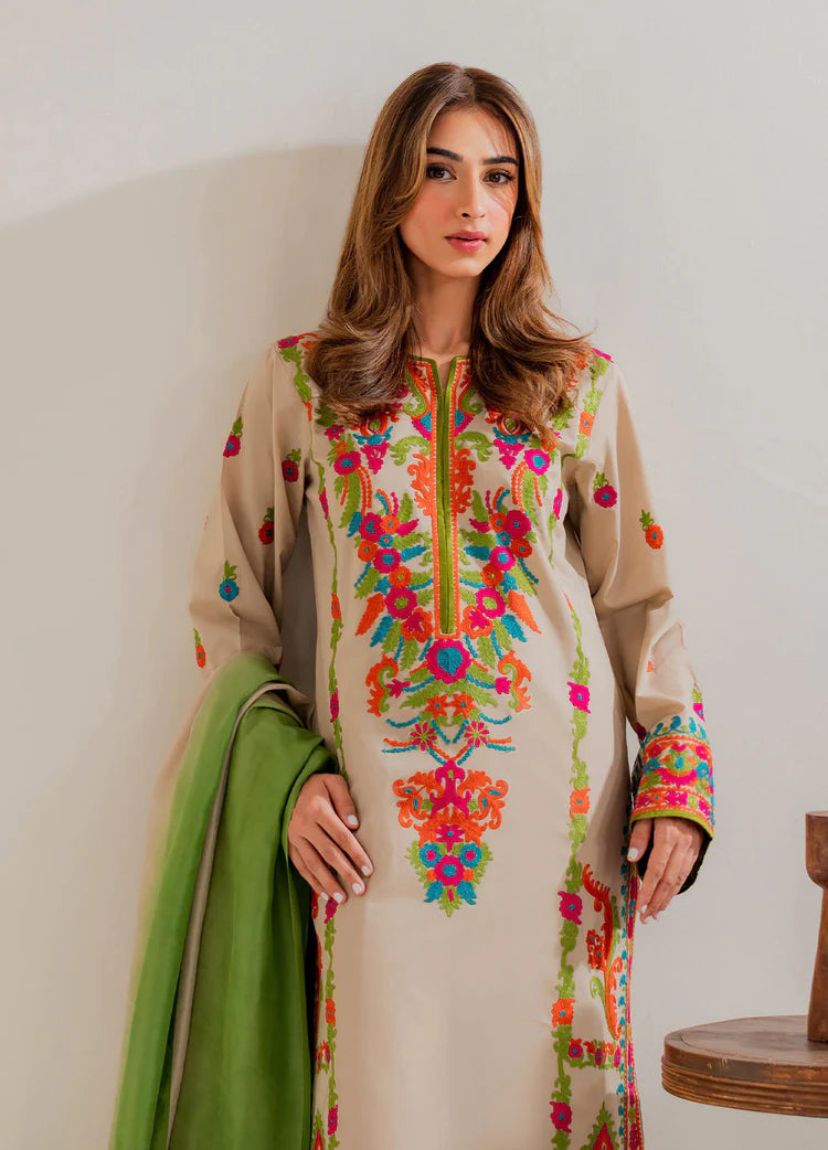 VINTAGE-3PC LAWN EMBROIDERED SHIRT WITH CHIFFON TYE&DYE DUPATTA & TROUSER