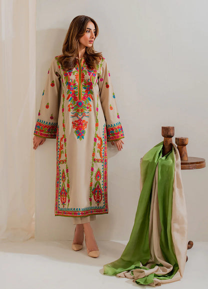 VINTAGE-3PC LAWN EMBROIDERED SHIRT WITH CHIFFON TYE&DYE DUPATTA & TROUSER