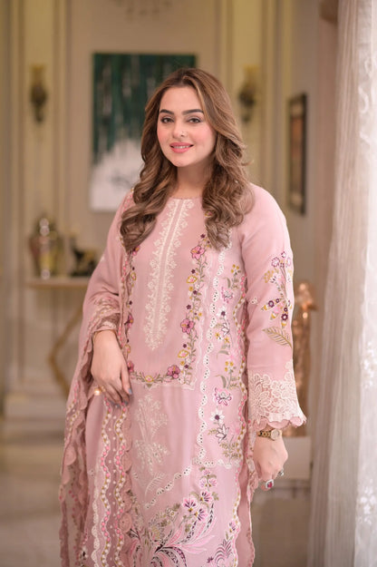 ANEELAS-3PC LAWN CHIKAN EMBROIDERED SHIRT WITH LAWN EMB DUPATTA AND TROUSER