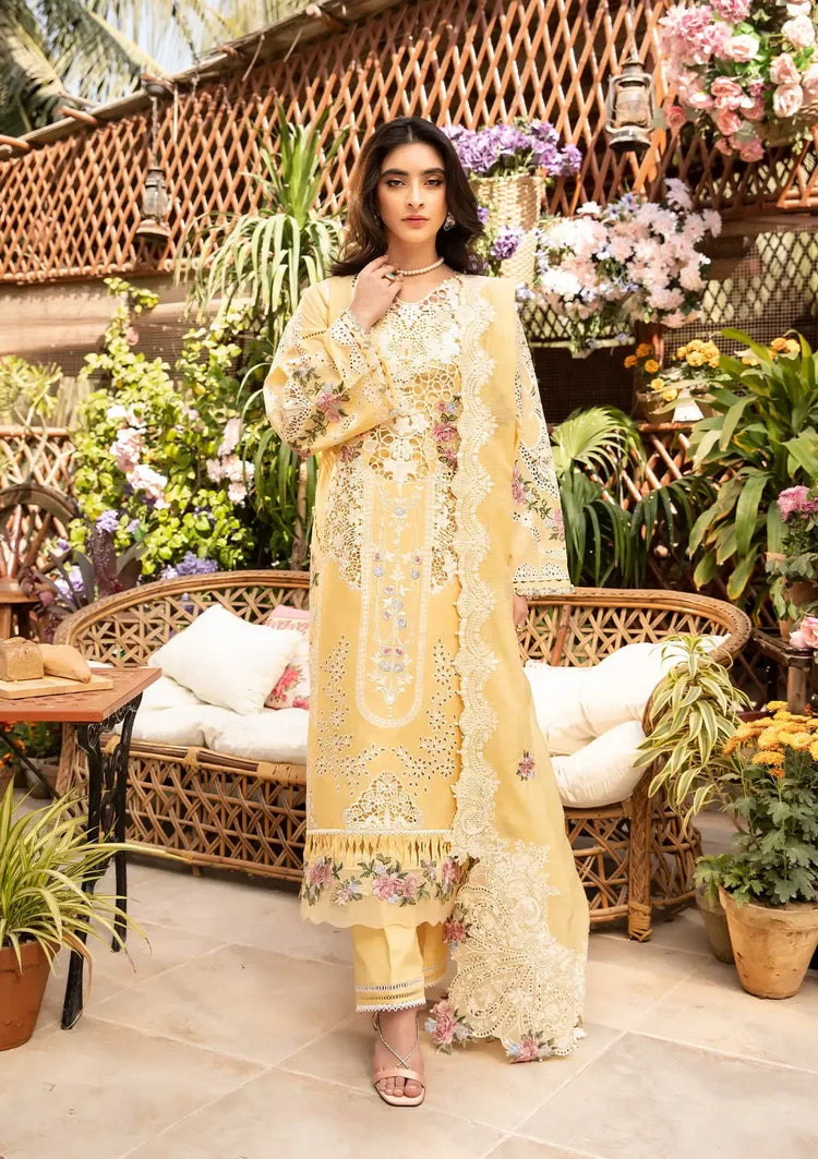 ELAF-3PC LAWN CHIKANKARI EMBROIDERED SHIRT WITH KHADDI NET EMBROIDERED DUPATTA AND TROUSER
