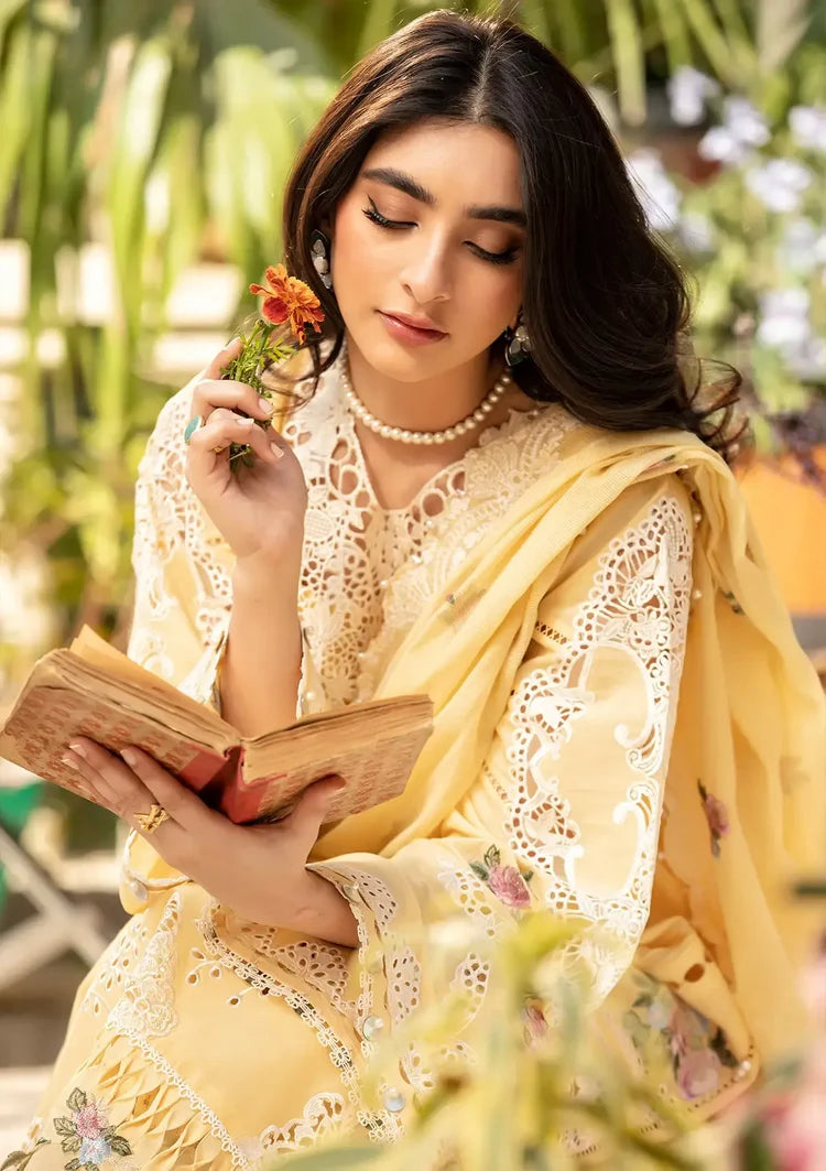 ELAF-3PC LAWN CHIKANKARI EMBROIDERED SHIRT WITH KHADDI NET EMBROIDERED DUPATTA AND TROUSER