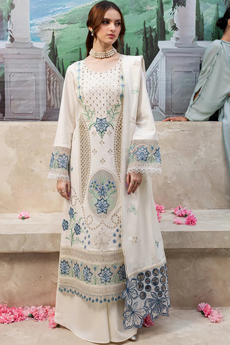 MAHNUR-3PC LAWN LASERCUT EMB SHIRT WITH LAWN LASERCUT EMB DUPATTA & TROUSER