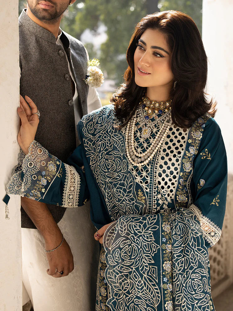 MAHNUR-3PC LAWN EMBROIDERED SHIRT WITH ORGANZA EMBROIDERED DUPATTA AND TROUSER