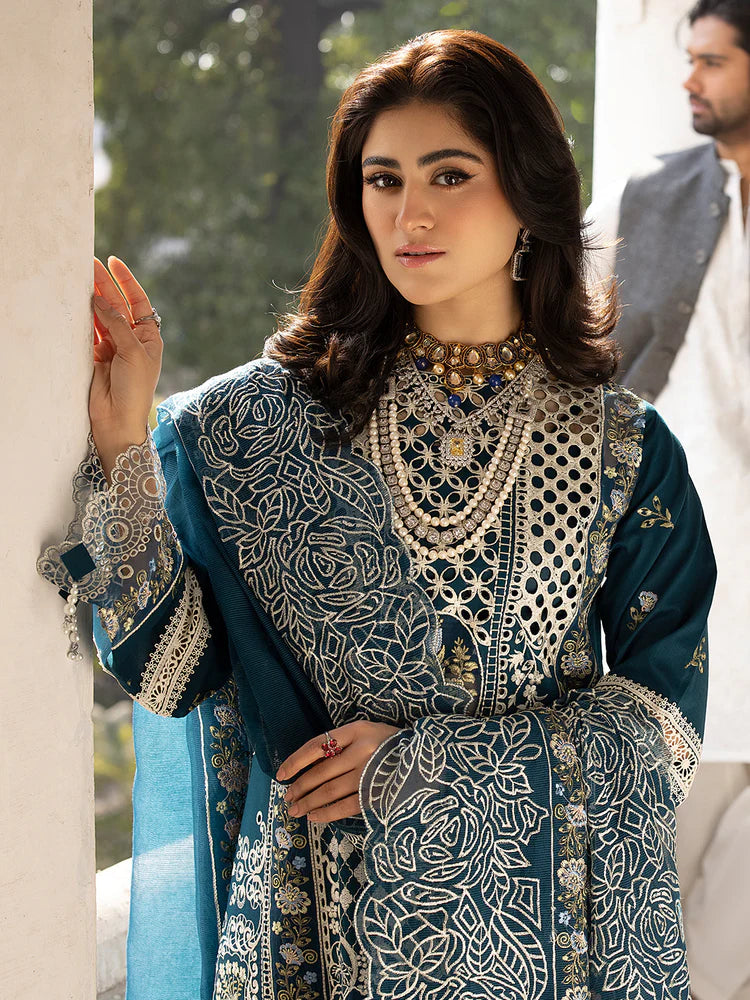 MAHNUR-3PC LAWN EMBROIDERED SHIRT WITH ORGANZA EMBROIDERED DUPATTA AND TROUSER